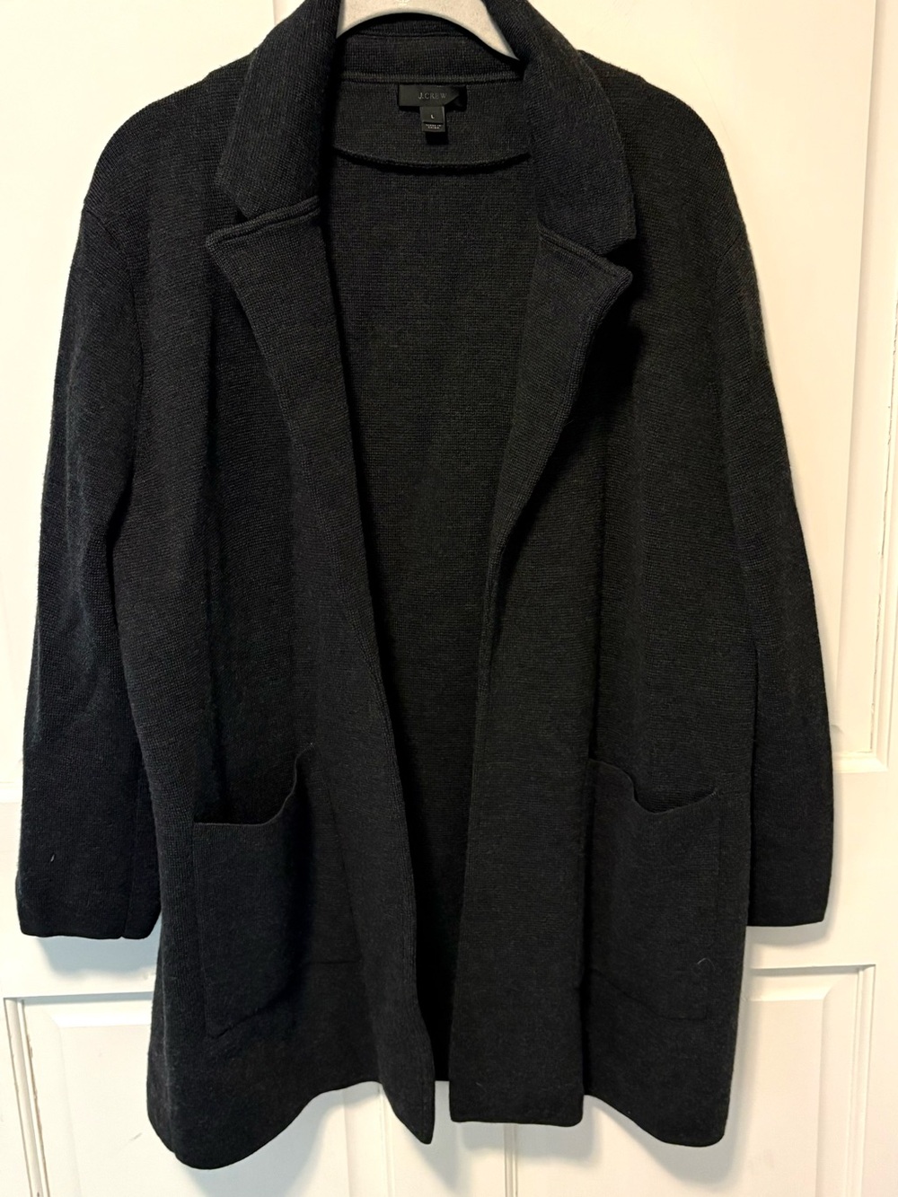 J. Crew gray open collared heavy knit long merino wool cardigan sweater l large